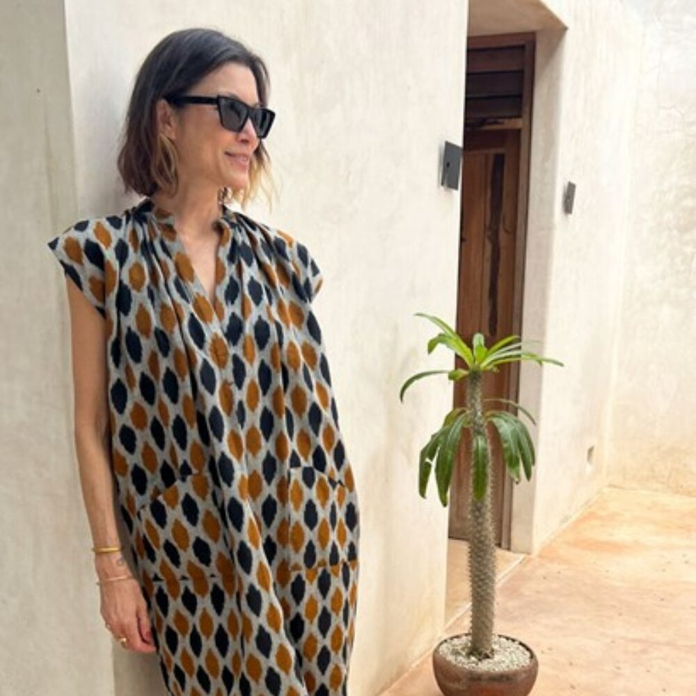 Two New York  Gold and Black Ikat Slim Dress Kaftan